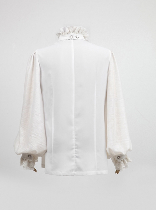 Gothic Style Gorgeous Ruffled High Collar Retro Exquisite Bow Tie Elegant White Chiffon Lantern Sleeves Shirt
