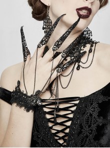 Punk Style Sexy Lace Metal Chain Splicing Finger Sleeves Front Center Diamond Decoration Ladies Adjustable Finger Chain