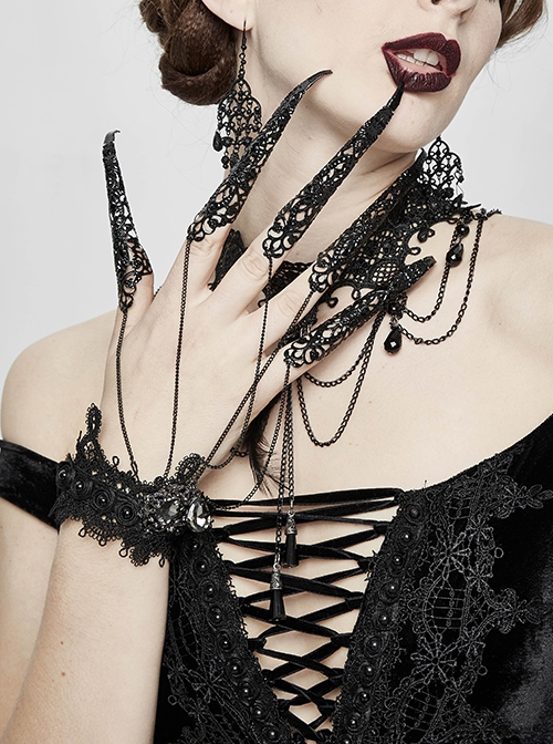 Punk Style Sexy Lace Metal Chain Splicing Finger Sleeves Front Center Diamond Decoration Ladies Adjustable Finger Chain