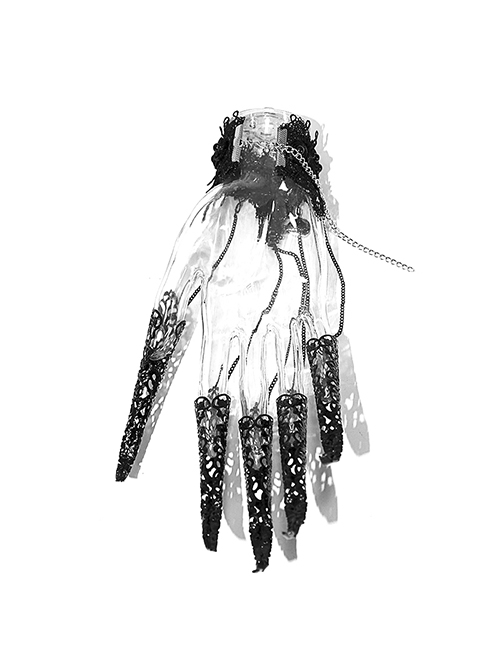 Punk Style Sexy Lace Metal Chain Splicing Finger Sleeves Front Center Diamond Decoration Ladies Adjustable Finger Chain