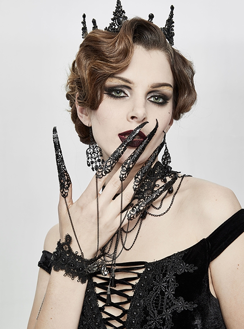 Punk Style Sexy Lace Metal Chain Splicing Finger Sleeves Front Center Diamond Decoration Ladies Adjustable Finger Chain