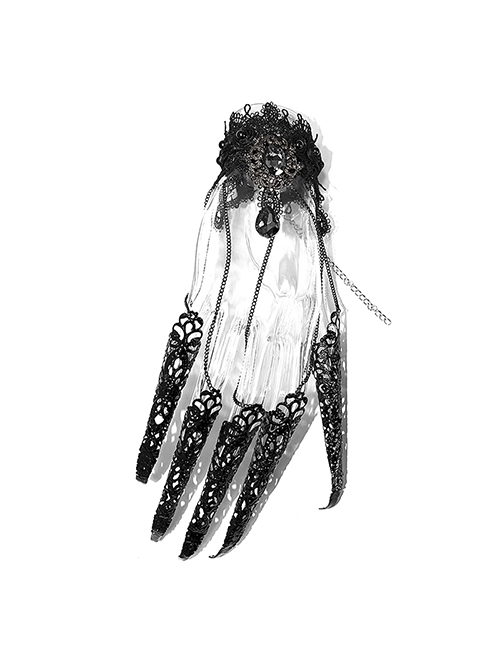Punk Style Sexy Lace Metal Chain Splicing Finger Sleeves Front Center Diamond Decoration Ladies Adjustable Finger Chain