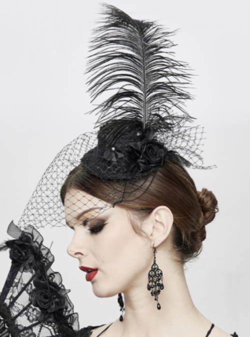 Gothic Style Elegant Chiffon Rose Detachable Large Feather Black Ladies Mini Hat Headdress