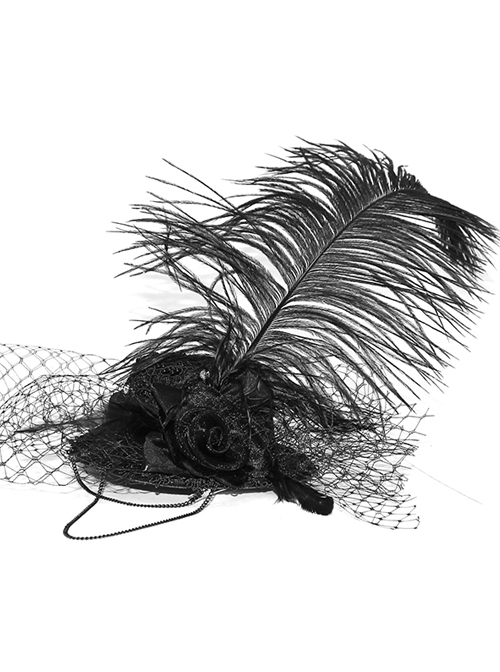 Gothic Style Elegant Chiffon Rose Detachable Large Feather Black Ladies Mini Hat Headdress