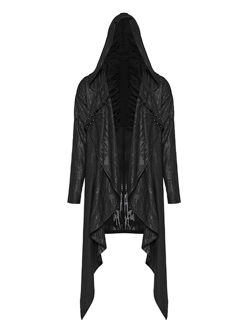 Gothic Style Dark Decadent Knitted Material Small Barbell Rope Design Black Loose Hooded Long Coat