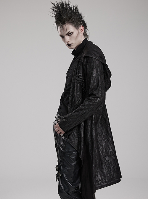 Gothic Style Dark Decadent Knitted Material Small Barbell Rope Design Black Loose Hooded Long Coat