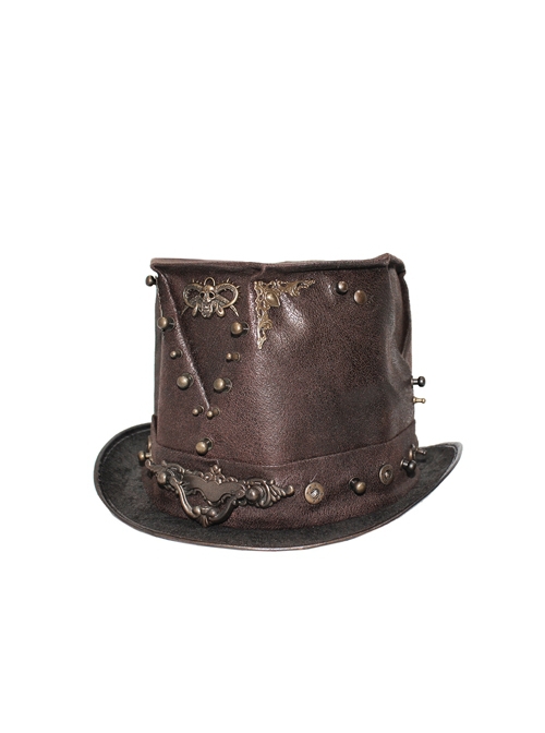 Punk Style Distressed Leather Front Center Metal Rivet Decoration Brown Unisex Mid Hat