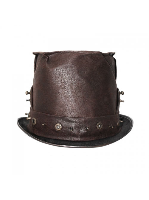 Punk Style Distressed Leather Front Center Metal Rivet Decoration Brown Unisex Mid Hat