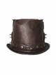 Punk Style Distressed Leather Front Center Metal Rivet Decoration Brown Unisex Mid Hat