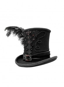 Gothic Style Gentleman High Top Lace Ribbon Front Center Red Glass Diamond Side Feather Black Hat