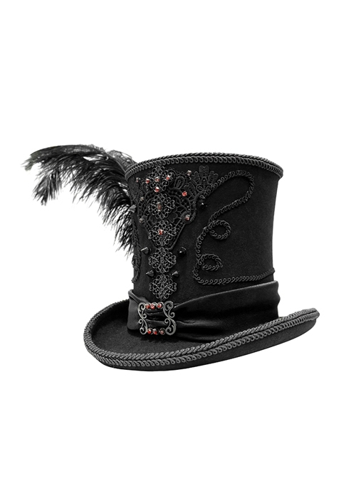 Gothic Style Gentleman High Top Lace Ribbon Front Center Red Glass Diamond Side Feather Black Hat