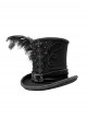 Gothic Style Gentleman High Top Lace Ribbon Front Center Red Glass Diamond Side Feather Black Hat