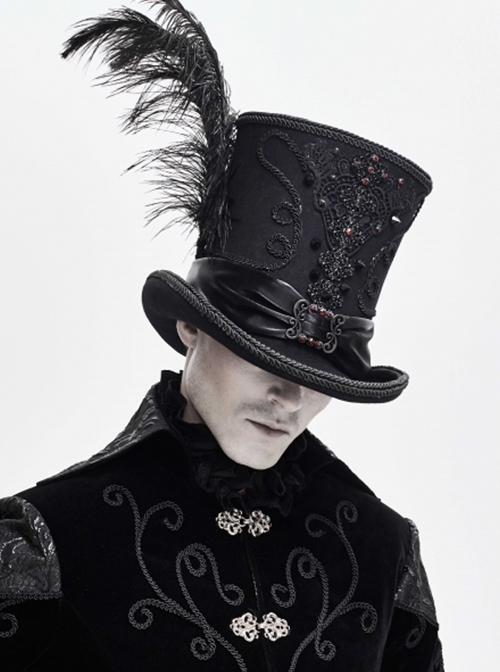 Gothic Style Gentleman High Top Lace Ribbon Front Center Red Glass Diamond Side Feather Black Hat