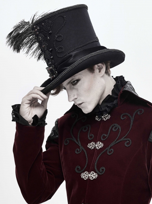 Gothic Style Gentleman High Top Lace Ribbon Front Center Red Glass Diamond Side Feather Black Hat