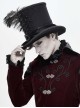 Gothic Style Gentleman High Top Lace Ribbon Front Center Red Glass Diamond Side Feather Black Hat