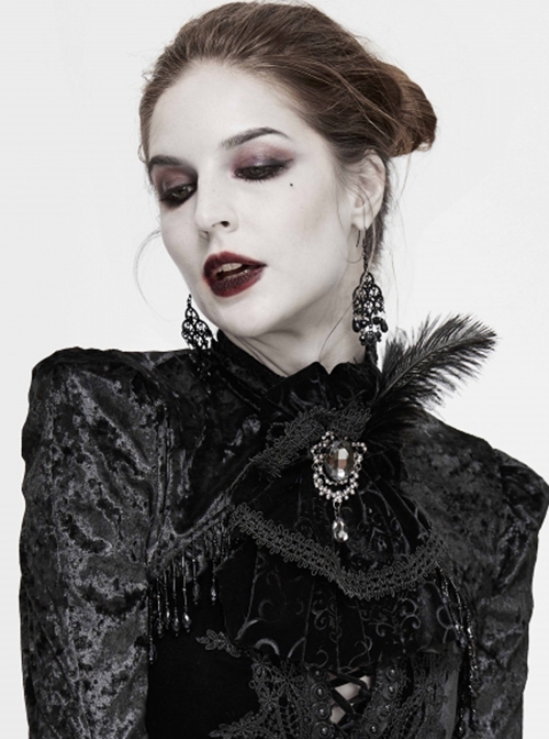 Gothic Style Exquisite Embossed Velvet With Brooch Feather Decoration Black Gorgeous Collar