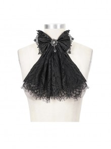 Gothic Elegant Lace Hem Stitching Jacquard Front Center Diamond Pendant Black Collar Ornament