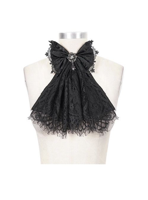 Gothic Elegant Lace Hem Stitching Jacquard Front Center Diamond Pendant Black Collar Ornament