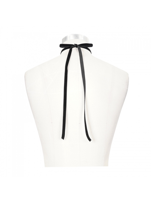 Gothic Elegant Lace Hem Stitching Jacquard Front Center Diamond Pendant Black Collar Ornament