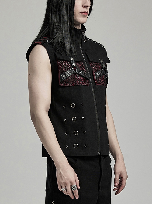 Punk Style Cool Metal Eyelets Cracked Leather Splicing 3D Pockets Shoulder Cross Straps Black Red Male Vest