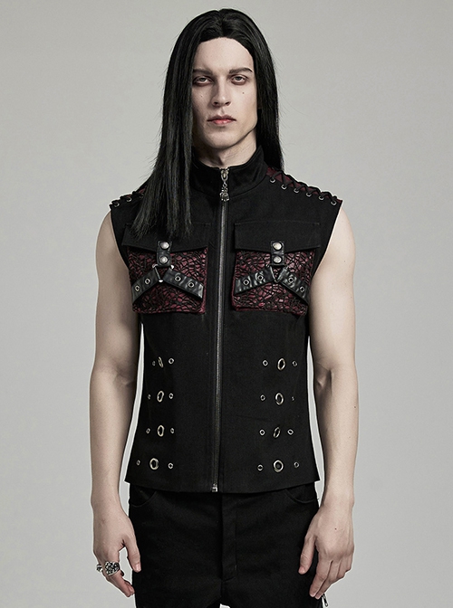 Punk Style Cool Metal Eyelets Cracked Leather Splicing 3D Pockets Shoulder Cross Straps Black Red Male Vest