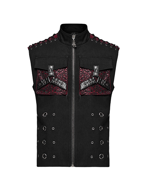 Punk Style Cool Metal Eyelets Cracked Leather Splicing 3D Pockets Shoulder Cross Straps Black Red Male Vest