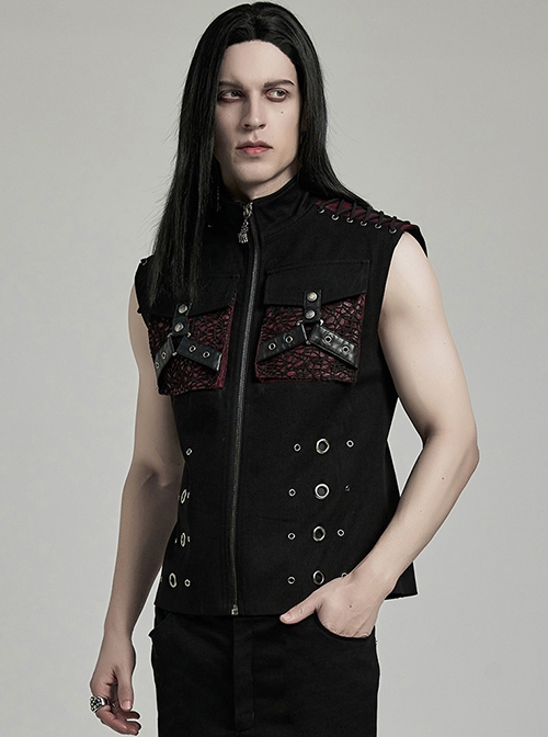 Punk Style Cool Metal Eyelets Cracked Leather Splicing 3D Pockets Shoulder Cross Straps Black Red Male Vest
