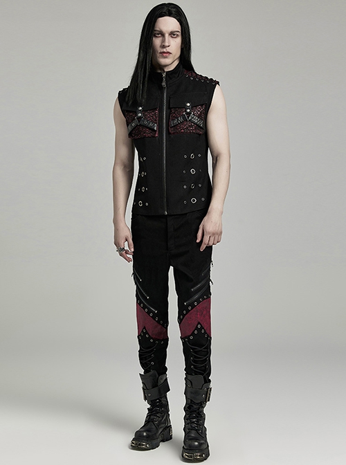 Punk Style Cool Metal Eyelets Cracked Leather Splicing 3D Pockets Shoulder Cross Straps Black Red Male Vest