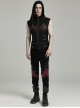Punk Style Cool Metal Eyelets Cracked Leather Splicing 3D Pockets Shoulder Cross Straps Black Red Male Vest