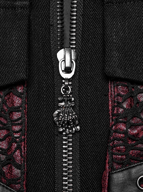 Punk Style Cool Metal Eyelets Cracked Leather Splicing 3D Pockets Shoulder Cross Straps Black Red Male Vest