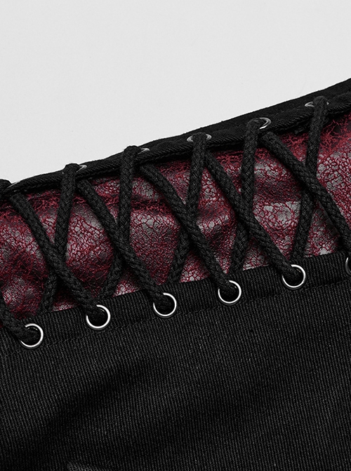 Punk Style Cool Metal Eyelets Cracked Leather Splicing 3D Pockets Shoulder Cross Straps Black Red Male Vest