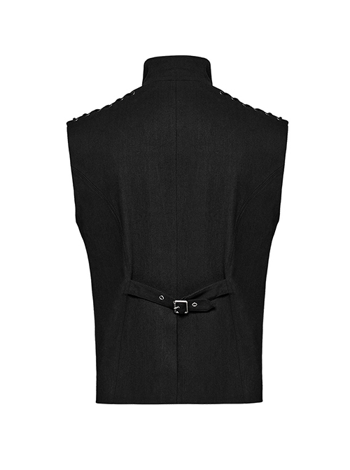 Punk Style Cool Metal Eyelets Cracked Leather Splicing 3D Pockets Shoulder Cross Straps Black Red Male Vest
