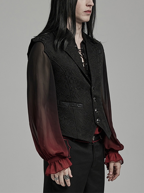 Gothic Style Lapel Unique Jacquard Dark Pattern Luxurious Gemstone Buttons Batwing Contour Black Slim Vest