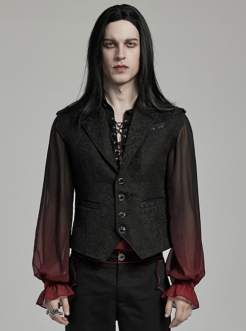 Gothic Style Lapel Unique Jacquard Dark Pattern Luxurious Gemstone Buttons Batwing Contour Black Slim Vest