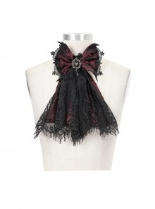 Gothic Elegant Lace Hem Stitching Jacquard Front Center Diamond Pendant Black Red Collar Ornament