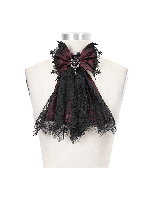 Gothic Elegant Lace Hem Stitching Jacquard Front Center Diamond Pendant Black Red Collar Ornament
