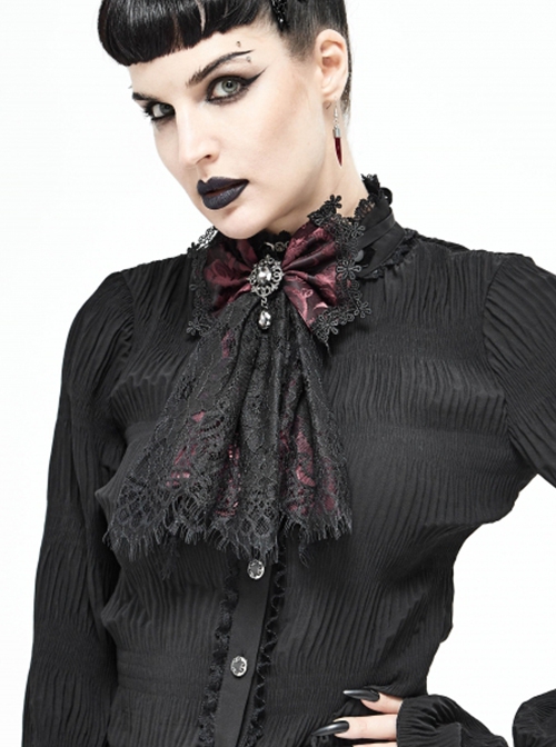 Gothic Elegant Lace Hem Stitching Jacquard Front Center Diamond Pendant Black Red Collar Ornament
