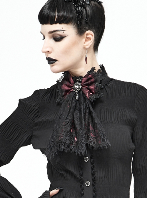 Gothic Elegant Lace Hem Stitching Jacquard Front Center Diamond Pendant Black Red Collar Ornament