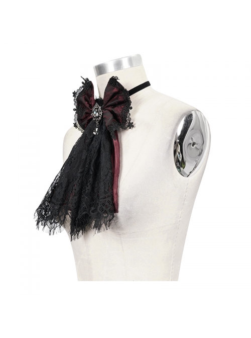 Gothic Elegant Lace Hem Stitching Jacquard Front Center Diamond Pendant Black Red Collar Ornament