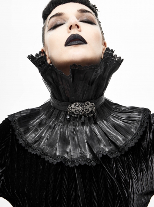 Gothic Style Light Pleated Braided Material Metal Buckle Gem Pendant Mesh Hem Black Personalized Hard Mesh Collar