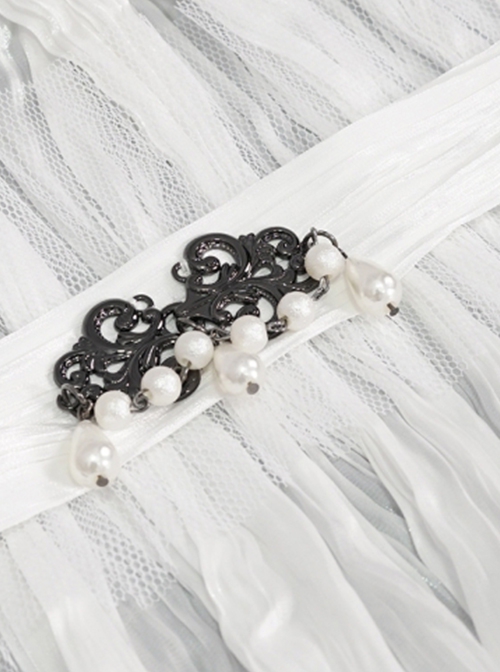 Gothic Style Light Pleated Braided Material Metal Buckle Gem Pendant Mesh Hem White Personalized Hard Mesh Collar