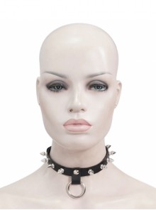 Punk Style Personalized Metal Rivet Front Center Metal Ring Decoration Black Adjustable Leather Necklace