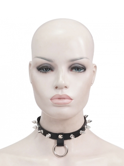 Punk Style Personalized Metal Rivet Front Center Metal Ring Decoration Black Adjustable Leather Necklace