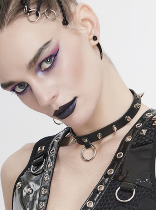 Punk Style Personalized Metal Rivet Front Center Metal Ring Decoration Black Adjustable Leather Necklace