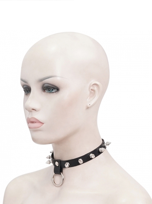 Punk Style Personalized Metal Rivet Front Center Metal Ring Decoration Black Adjustable Leather Necklace