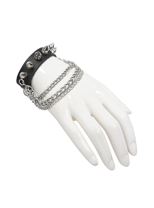 Punk Style Handsome Multi Row Metal Chain Personalized Rivet Black Adjustable Leather Bracelet
