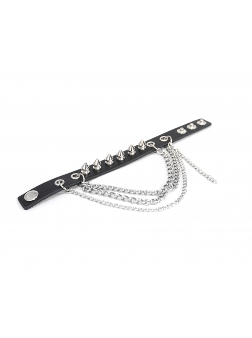 Punk Style Handsome Multi Row Metal Chain Personalized Rivet Black Adjustable Leather Bracelet
