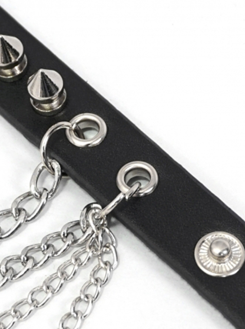 Punk Style Handsome Multi Row Metal Chain Personalized Rivet Black Adjustable Leather Bracelet