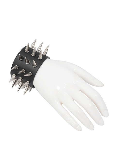 Punk Style Wild Wide Brim With Multiple Rows Of Metal Rivets Adjustable Black Leather Bracelet