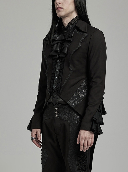 Gothic Style Personality Bat Lapel Exquisite Lace Ruffled Black Fake Two Piece Long Sleeves Tuxedo Coat